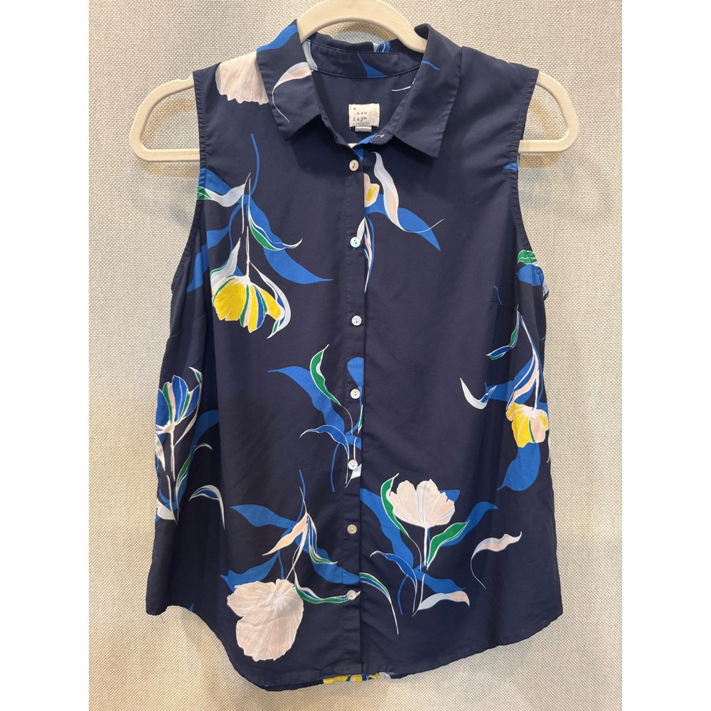 A New Day Navy Blue Floral Sleeveless Button Down Shirt Large Floral Print Top